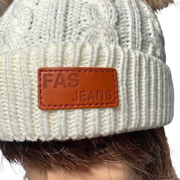 FAS Jeans Beanie OS Off White Double Pom Cable Knit Wool - Picture 6 of 8